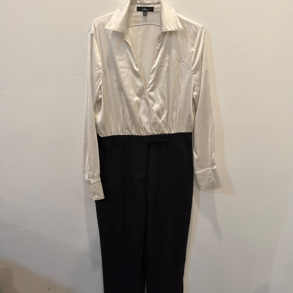 Lulus Women Cream Satin Wrap Top Black Pants Jumpsuit Size L Long Sleeve Pockets